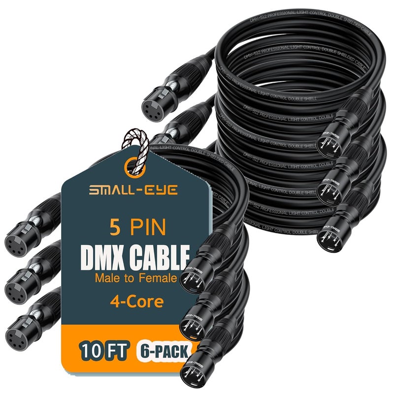 SMALL-EYE 5 Pin DMX Cable 10 ft 6 Pack – 4-Core Male to Female Stage Lighting DMX512 Cable (10') - Image 1